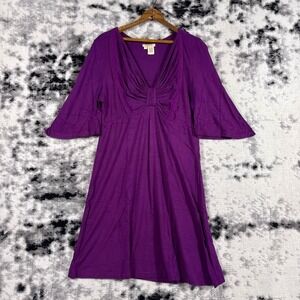 CAITE Purple V Neck Knot Front Bell Sleeve Midi Dress Women's Size S